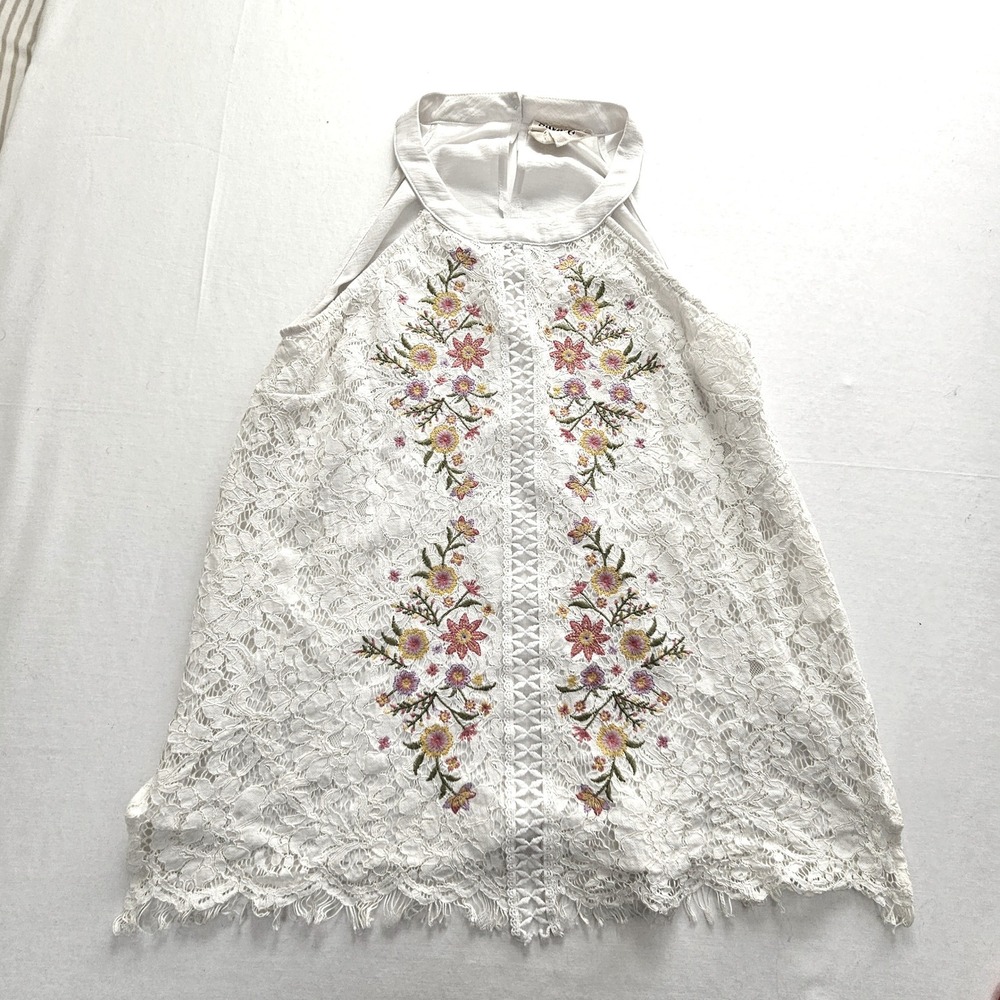 Savanna Jane White Floral Embroidered Lace Halter Top Sleeveless Boho 16896 M